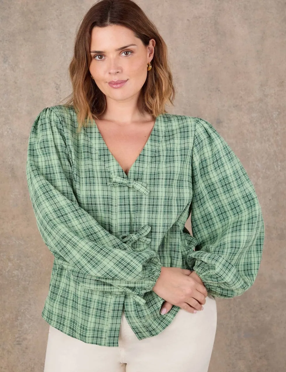 Cotton Rich Checked V-Neck Bow Detail Blouse