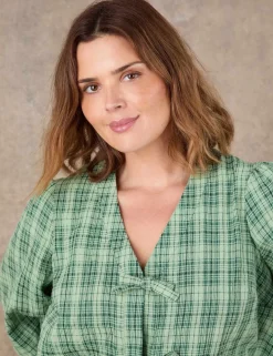 Cotton Rich Checked V-Neck Bow Detail Blouse