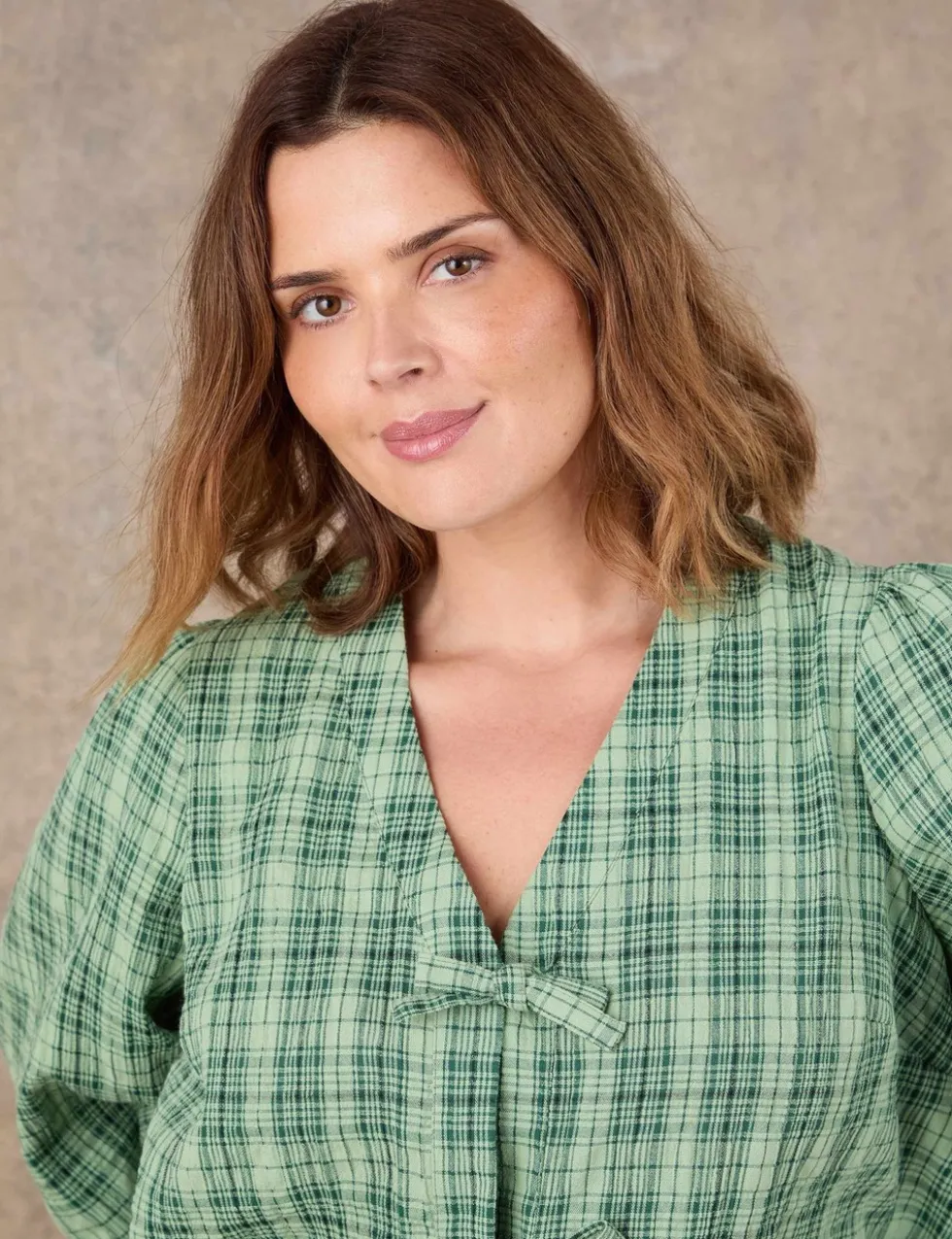 Cotton Rich Checked V-Neck Bow Detail Blouse
