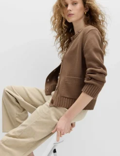 Cotton Rich Crew Neck Button Front Cardigan