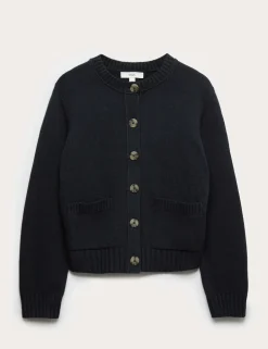 Cotton Rich Crew Neck Button Front Cardigan