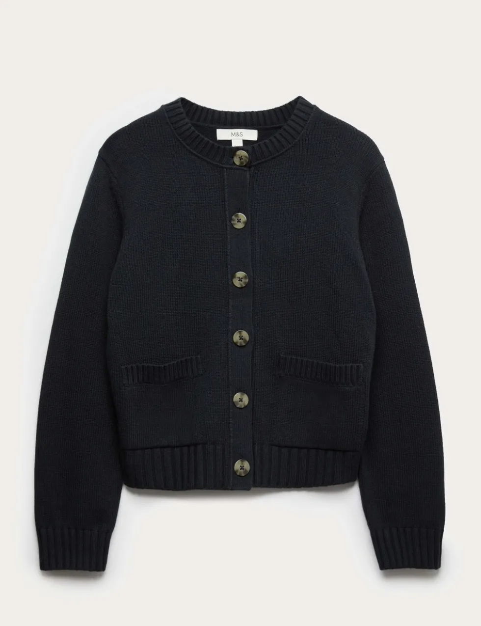 Cotton Rich Crew Neck Button Front Cardigan