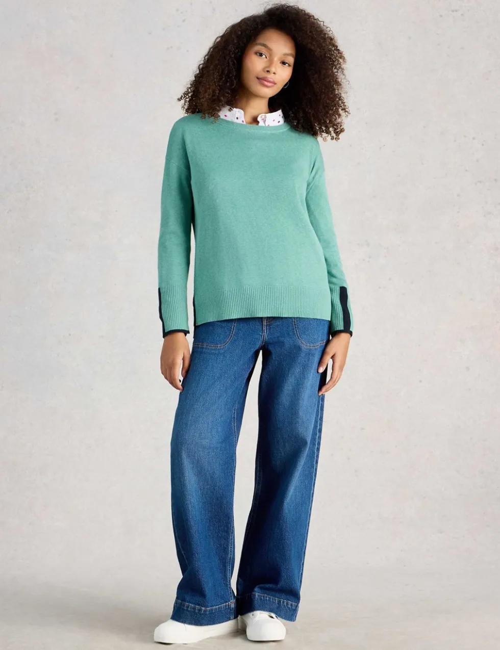 Cotton Rich Crew Neck Stepped Hem Jumper