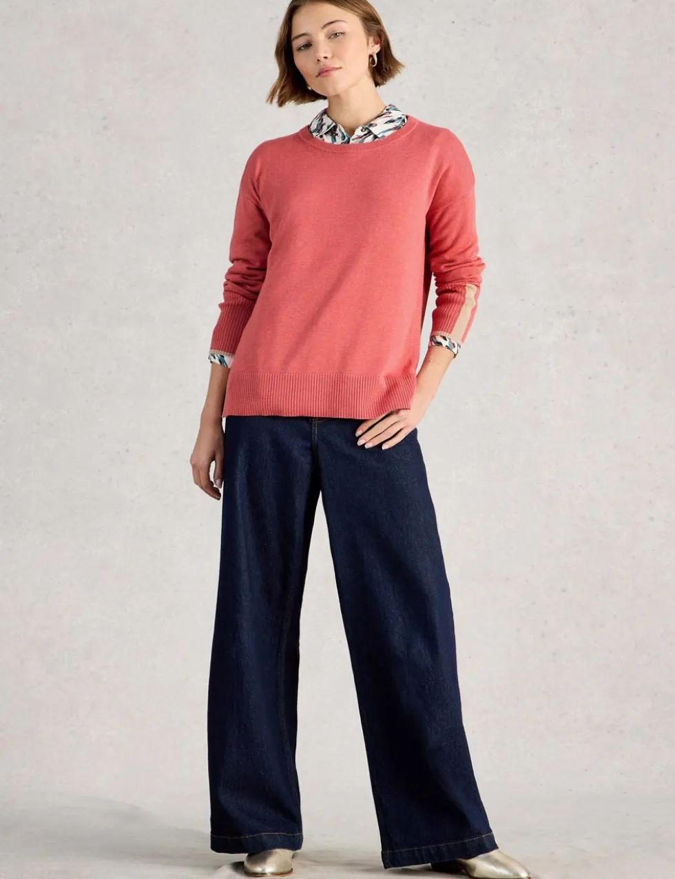 Cotton Rich Crew Neck Stepped Hem Jumper