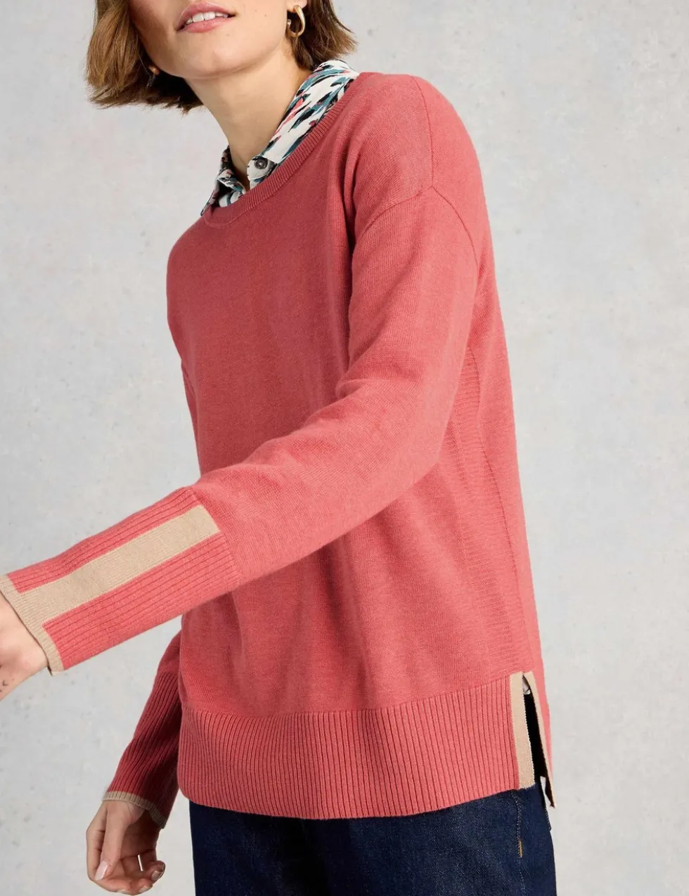 Cotton Rich Crew Neck Stepped Hem Jumper