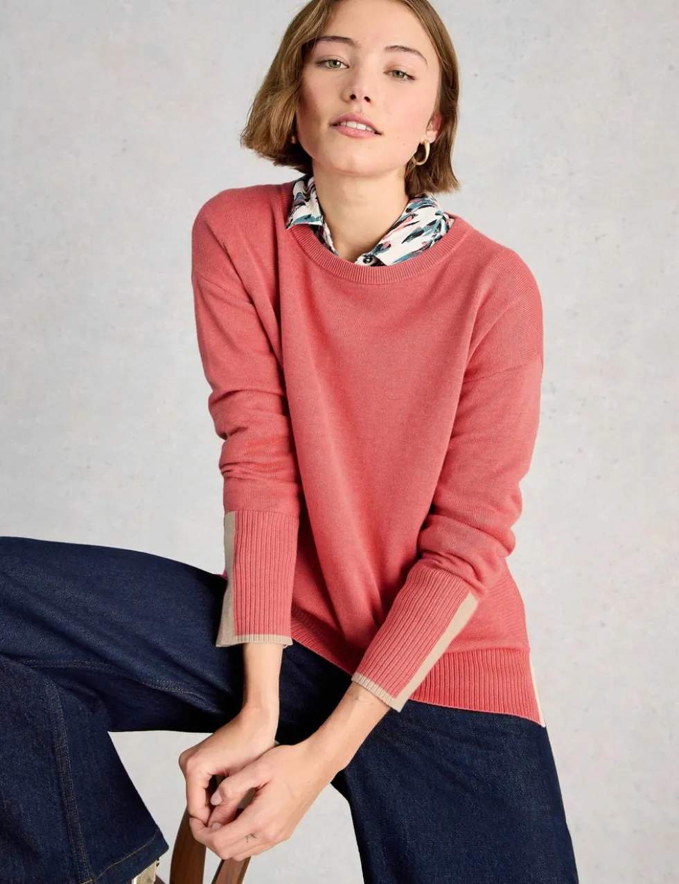 Cotton Rich Crew Neck Stepped Hem Jumper