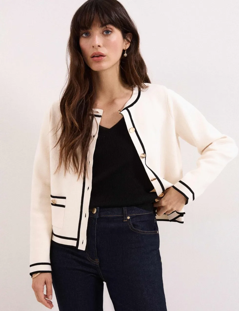 Cotton Rich Crew Neck Tipped Detail Cardigan