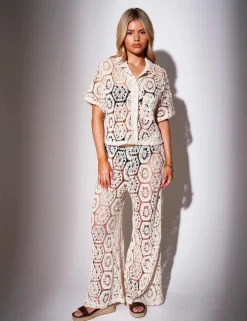 Cotton Rich Crochet Style Wide Leg Trousers