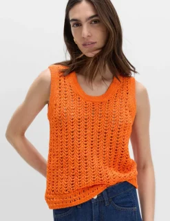 Cotton Rich Crochet-Style Scoop Neck Knitted Vest