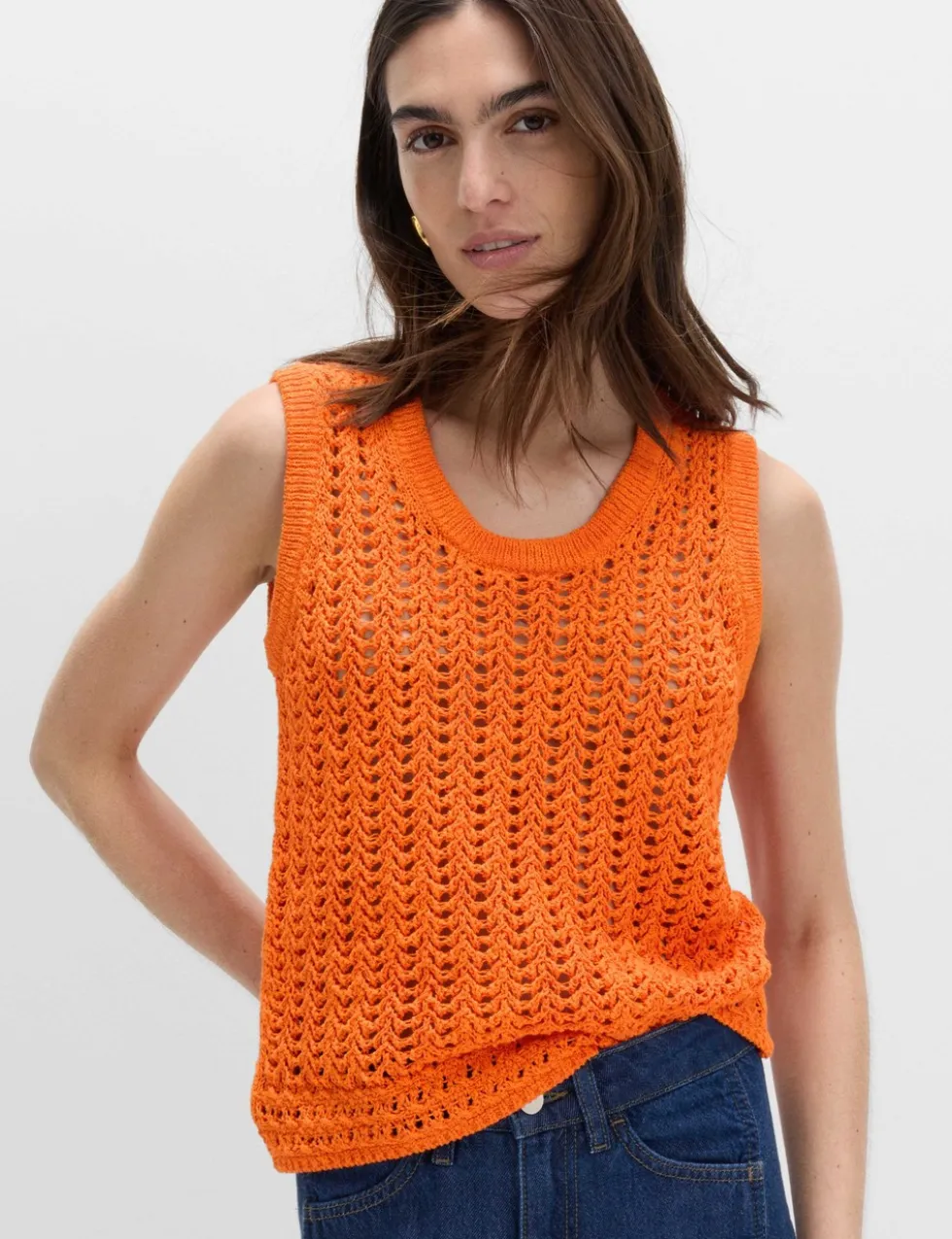 Cotton Rich Crochet-Style Scoop Neck Knitted Vest