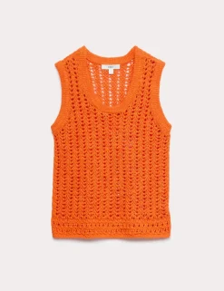 Cotton Rich Crochet-Style Scoop Neck Knitted Vest