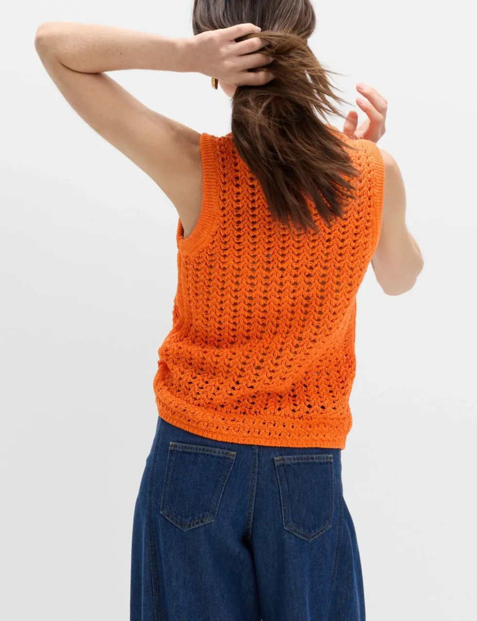 Cotton Rich Crochet-Style Scoop Neck Knitted Vest