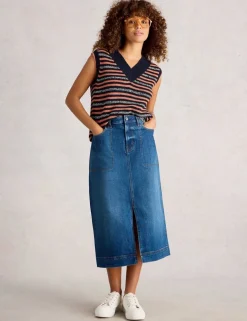 Cotton Rich Denim Front Split Midi Skirt