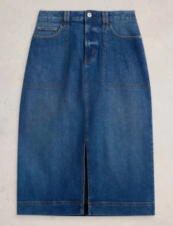 Cotton Rich Denim Front Split Midi Skirt