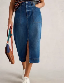 Cotton Rich Denim Front Split Midi Skirt