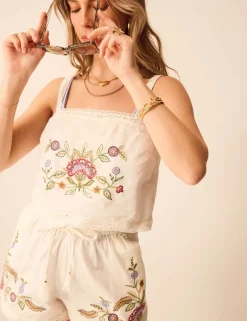 Cotton Rich Embroidered Cami Top with Linen