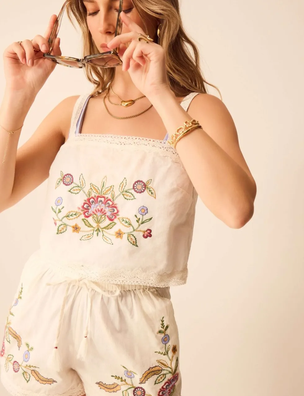Cotton Rich Embroidered Cami Top with Linen