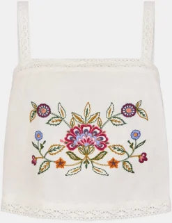 Cotton Rich Embroidered Cami Top with Linen