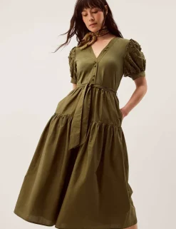 Cotton Rich Embroidered Midi Tiered Dress