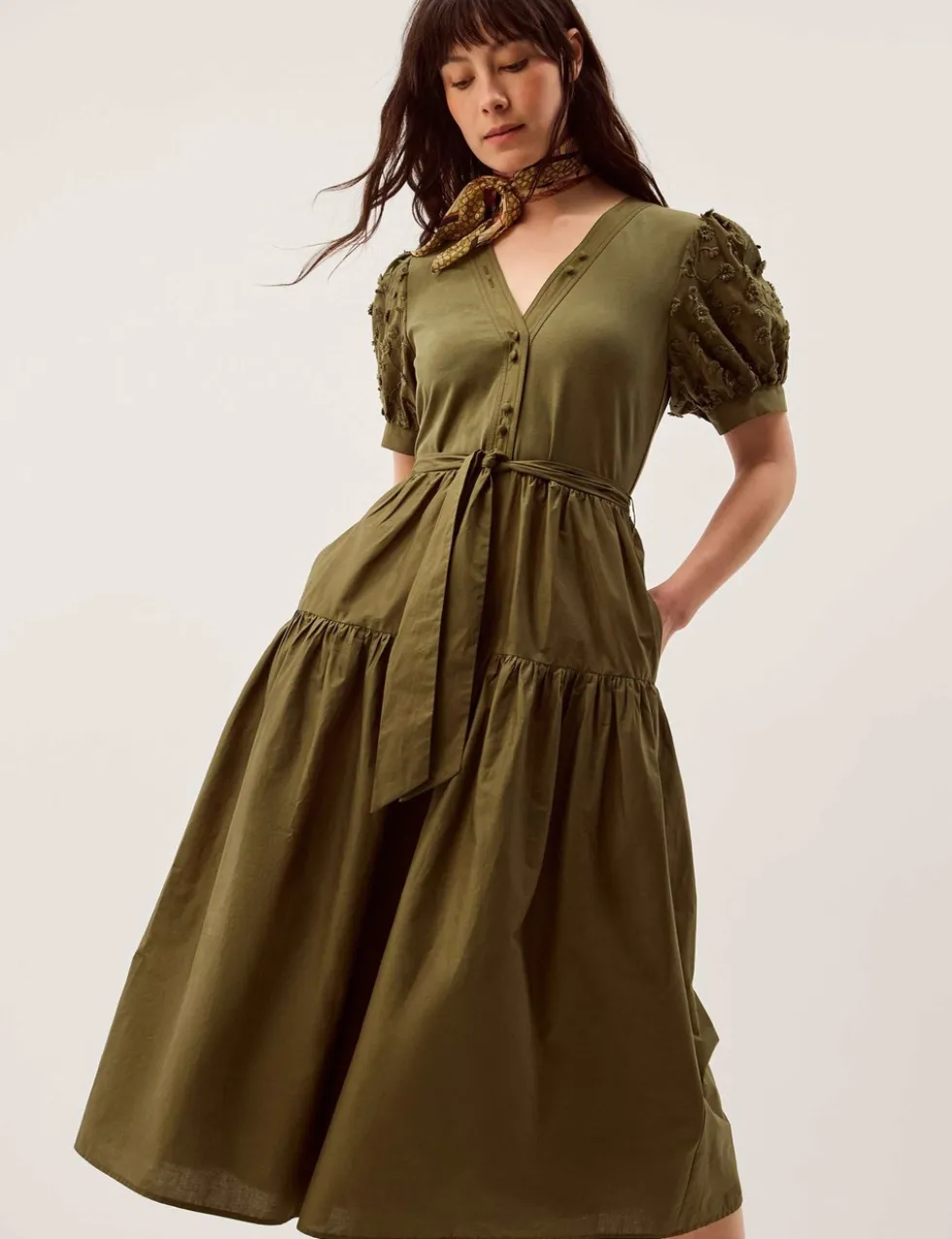 Cotton Rich Embroidered Midi Tiered Dress