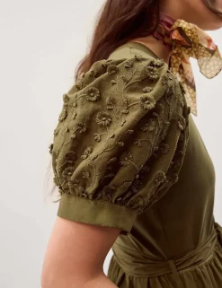 Cotton Rich Embroidered Midi Tiered Dress
