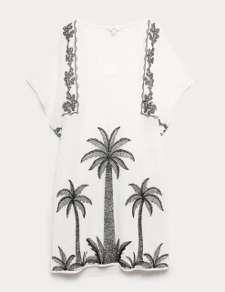 Cotton Rich Embroidered Mini Kaftan Dress