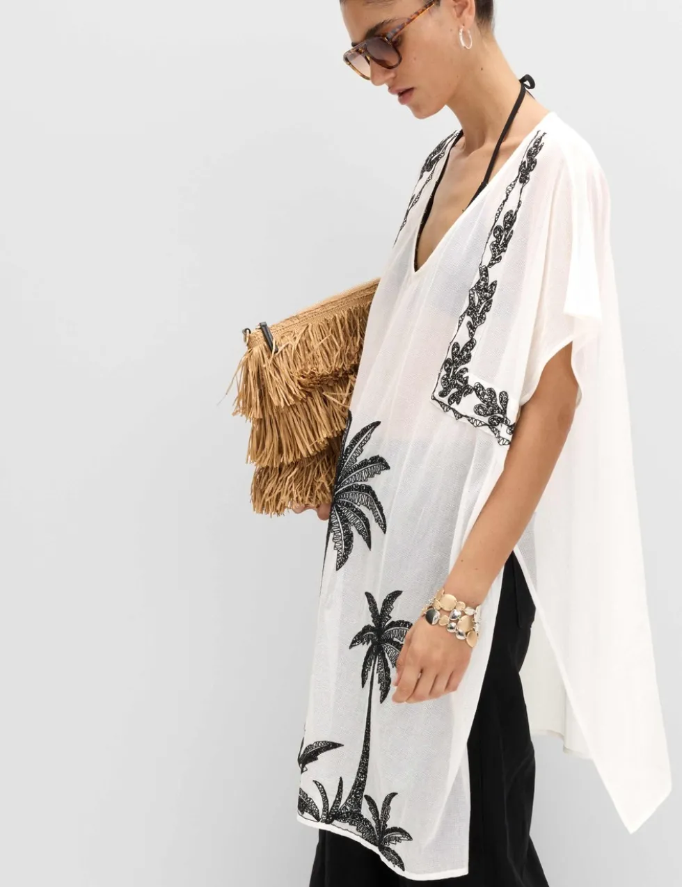 Cotton Rich Embroidered Mini Kaftan Dress