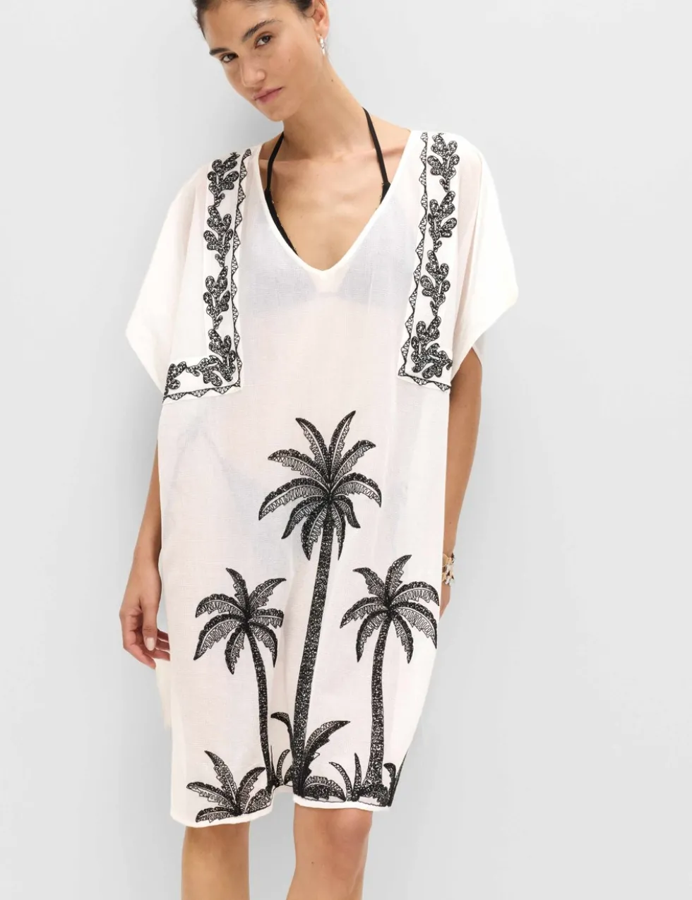 Cotton Rich Embroidered Mini Kaftan Dress