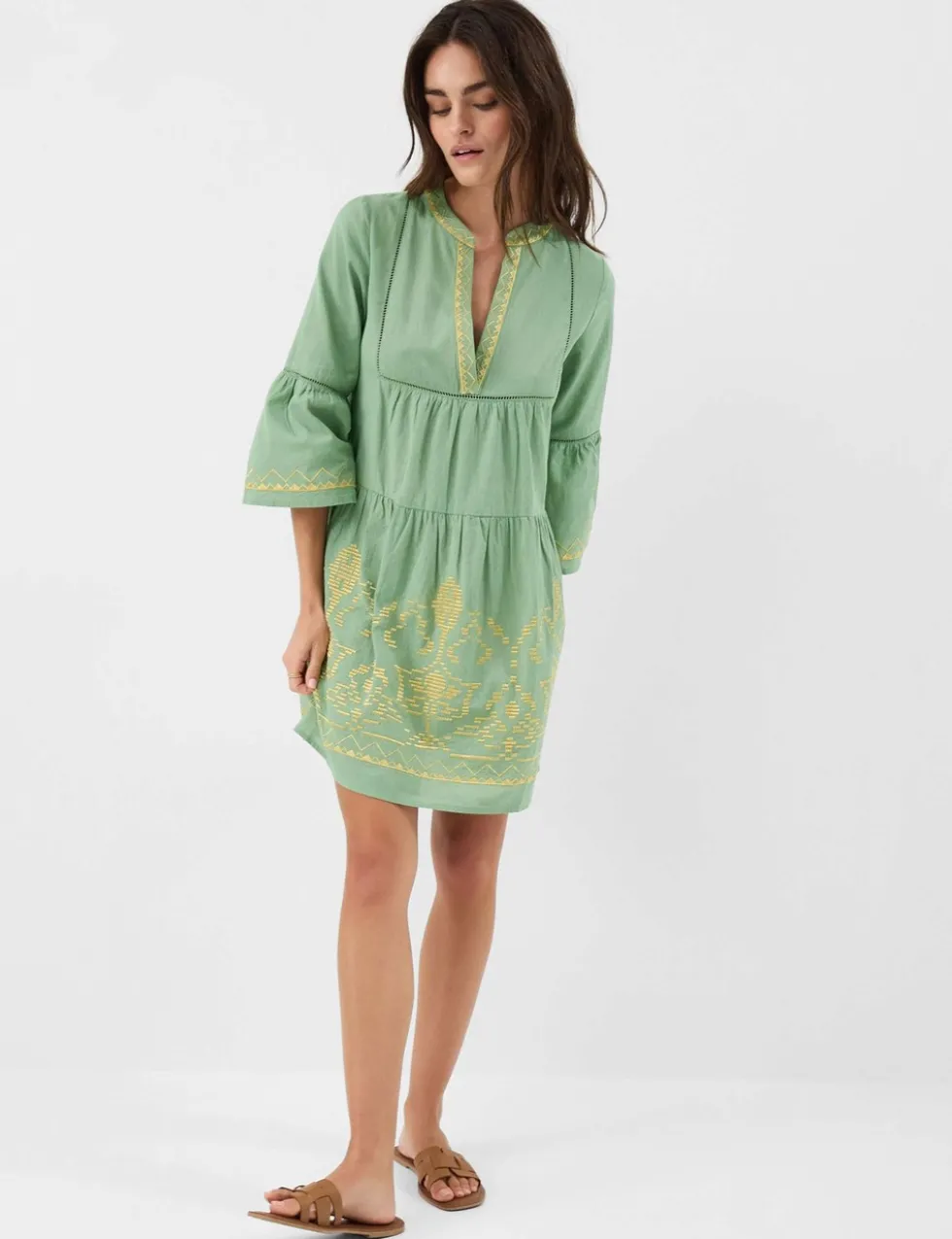 Cotton Rich Embroidered Notch Neck Dress