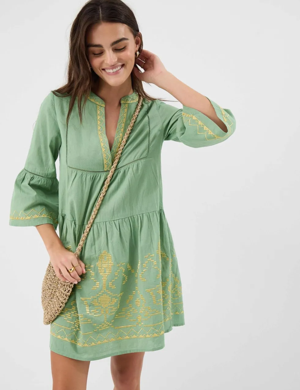 Cotton Rich Embroidered Notch Neck Dress