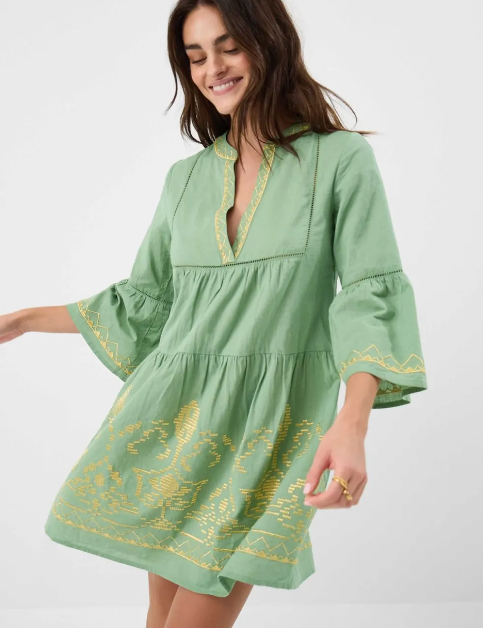 Cotton Rich Embroidered Notch Neck Dress