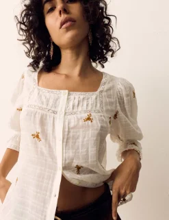 Cotton Rich Embroidered Square Neck Lace Detail Blouse