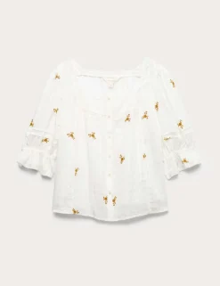 Cotton Rich Embroidered Square Neck Lace Detail Blouse