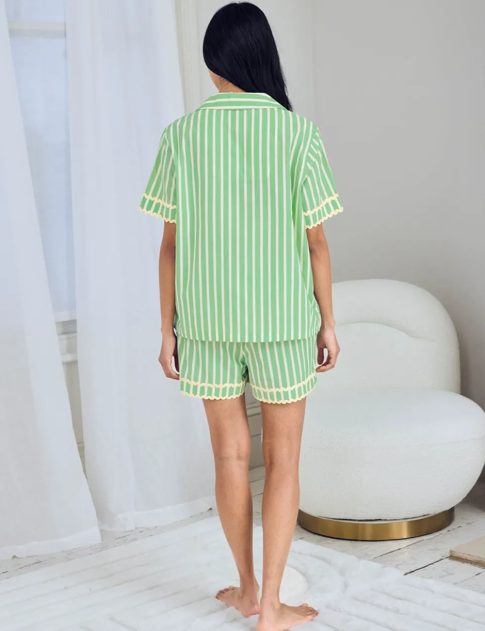 Cotton Rich Embroidered Tropical Palm Stripe Short Pyjama Set