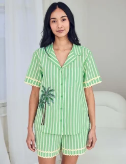 Cotton Rich Embroidered Tropical Palm Stripe Short Pyjama Set
