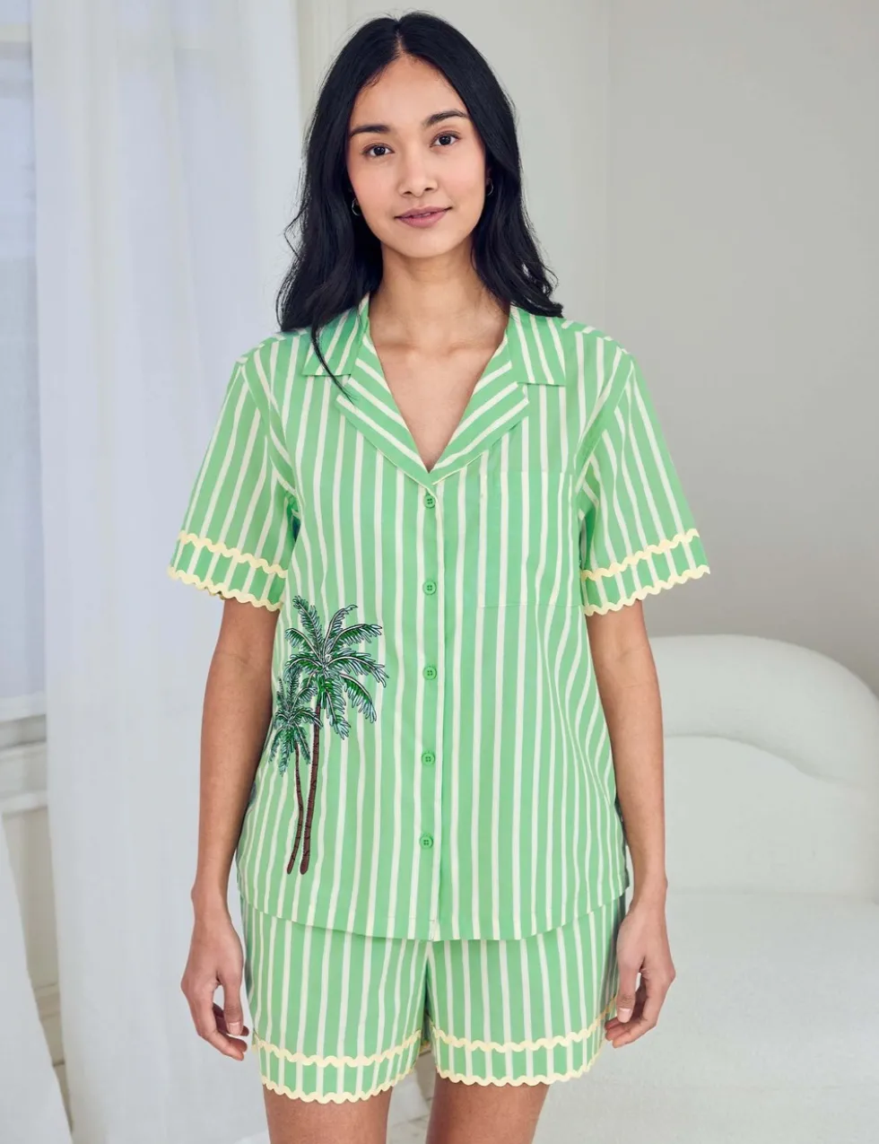 Cotton Rich Embroidered Tropical Palm Stripe Short Pyjama Set