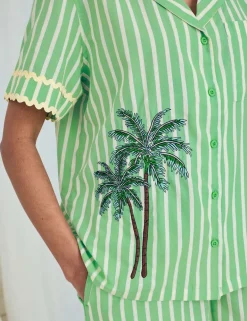 Cotton Rich Embroidered Tropical Palm Stripe Short Pyjama Set