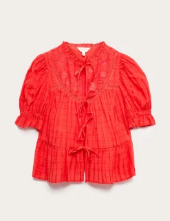 Cotton Rich Embroidered Yoke Tie Neck Blouse