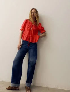Cotton Rich Embroidered Yoke Tie Neck Blouse