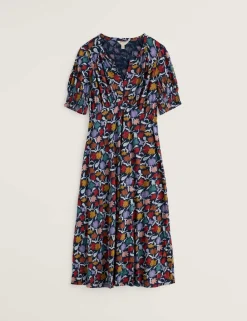 Cotton Rich Floral Notch Neck Midi Tea Dress