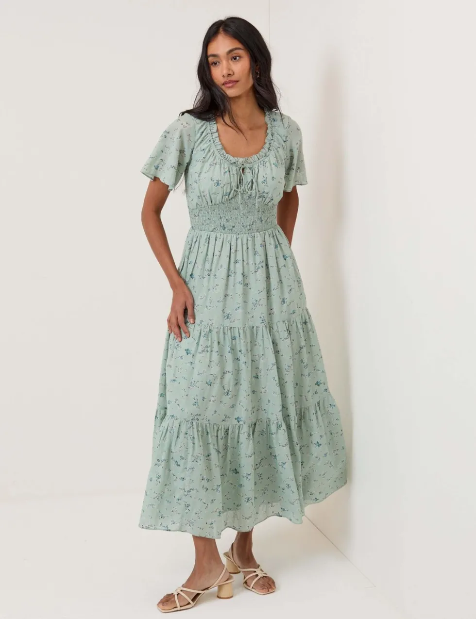 Cotton Rich Floral Scoop Neck Midi Smock Dress