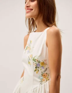Cotton Rich Floral Square Neck Midi Dress