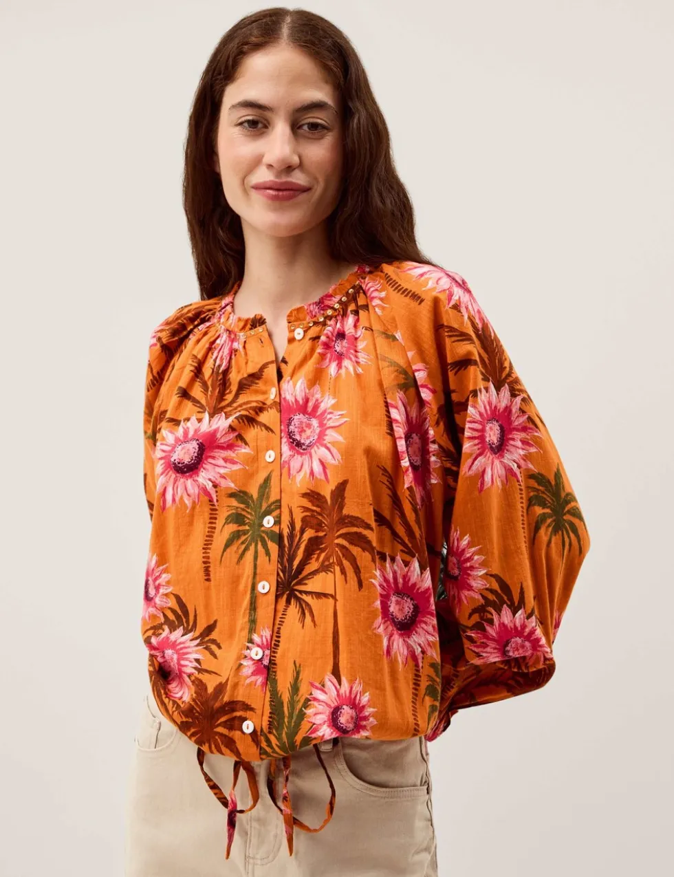 Cotton Rich Floral Tie Detail Blouse
