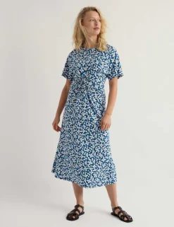Cotton Rich Floral Twist Front Midi Tea Dress