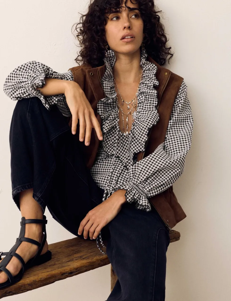 Cotton Rich Gingham Frill Neck Blouse