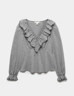 Cotton Rich Gingham Frill Neck Blouse