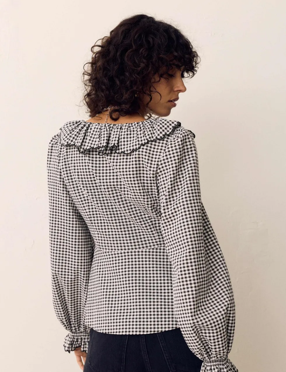 Cotton Rich Gingham Frill Neck Blouse