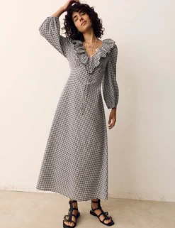 Cotton Rich Gingham Frill Neck Midaxi Dress
