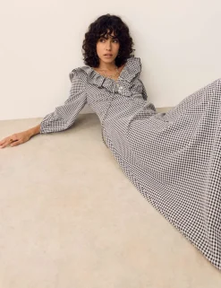 Cotton Rich Gingham Frill Neck Midaxi Dress