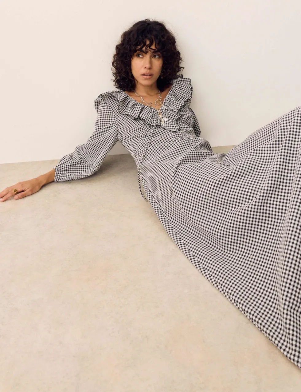 Cotton Rich Gingham Frill Neck Midaxi Dress